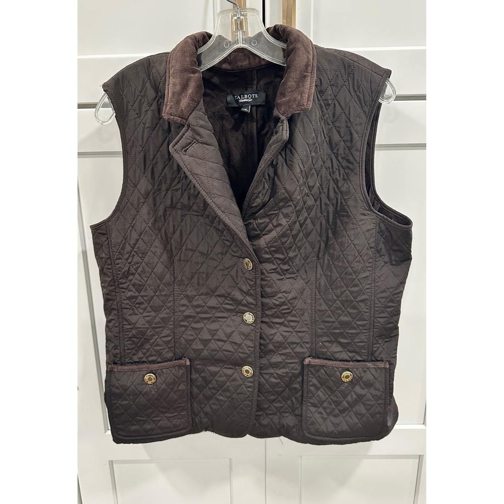 Talbots Quilted Vest Women's Medium Brown Sleeveless Corduroy Collar Gold Button
